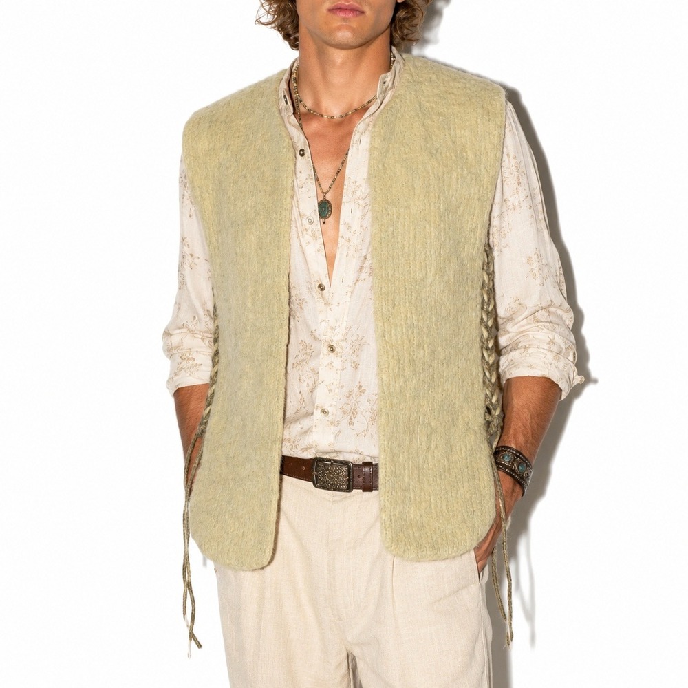 60s Vintage Lace Up Wool Vest Mens S Green Textured Knit West Germany Boho